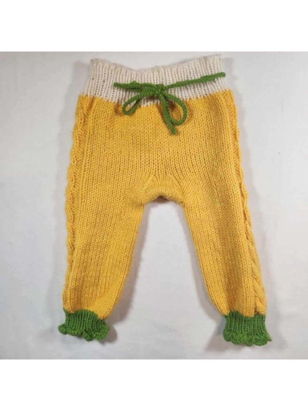 Handmade Kids Knit Pants Yellow Green White Cable Knit Leggings Drawstring